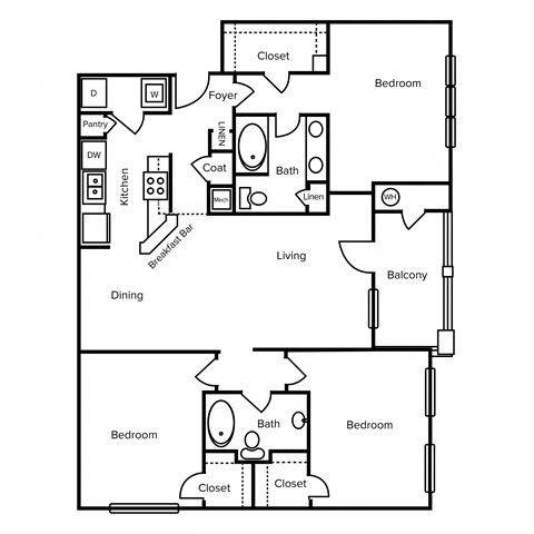 Floor plan for 3 beds, 2 baths, 1411 sqft